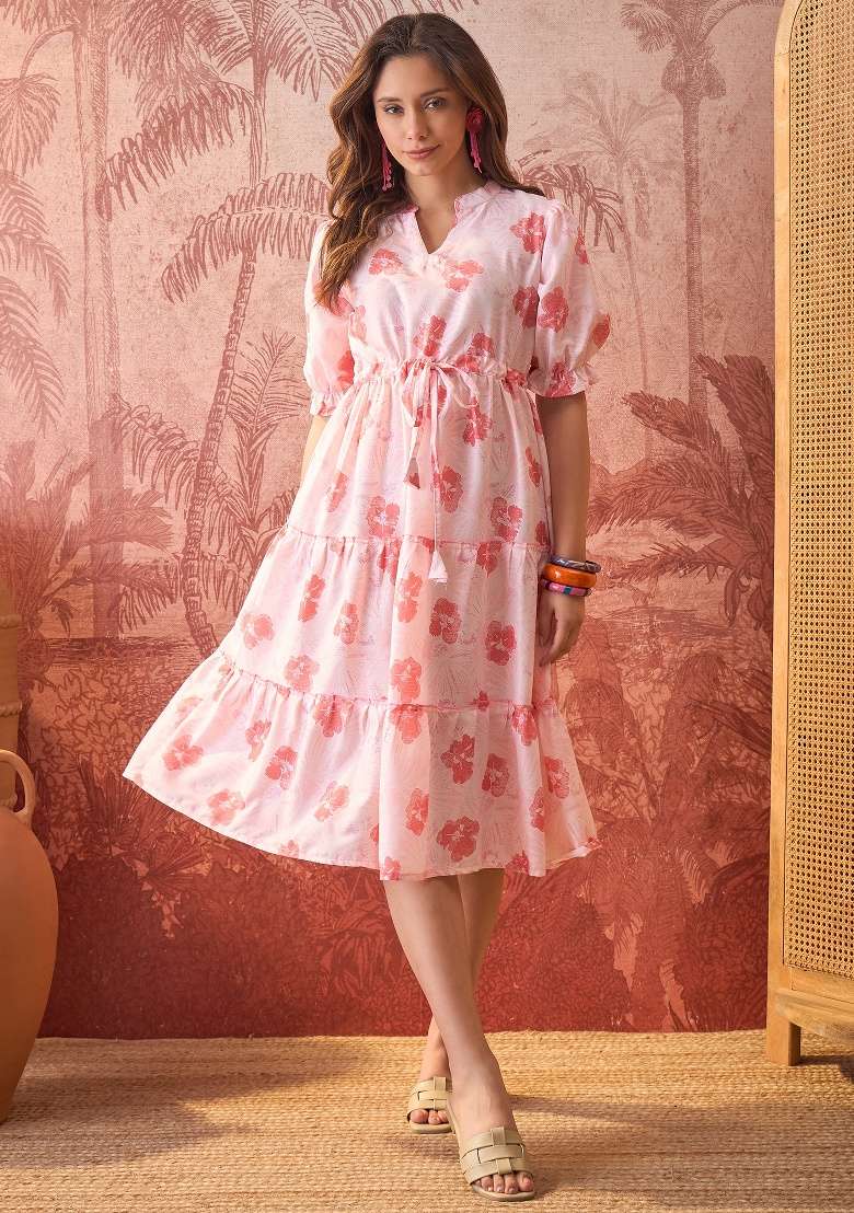 Orange Floral Print Polyester Gown - Indya