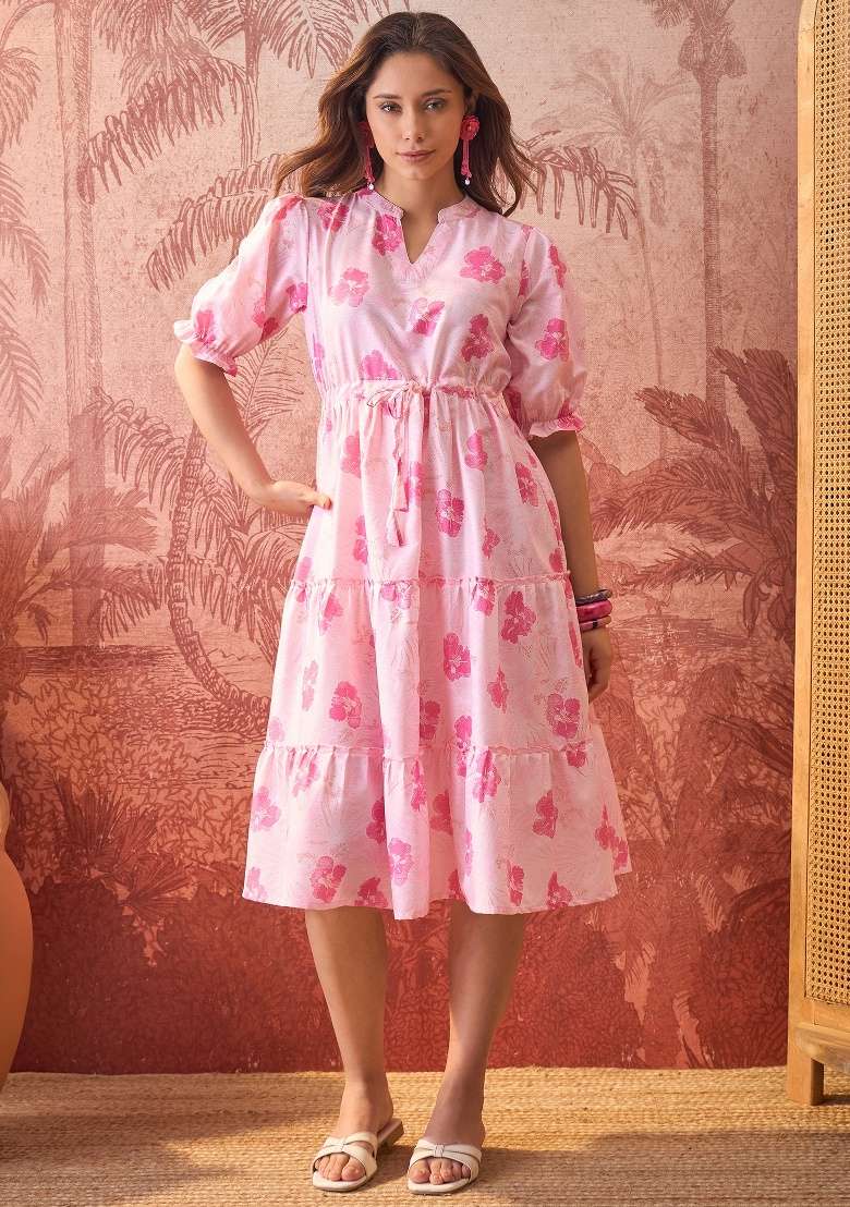 Pink Floral Print Polyester Gown - Indya