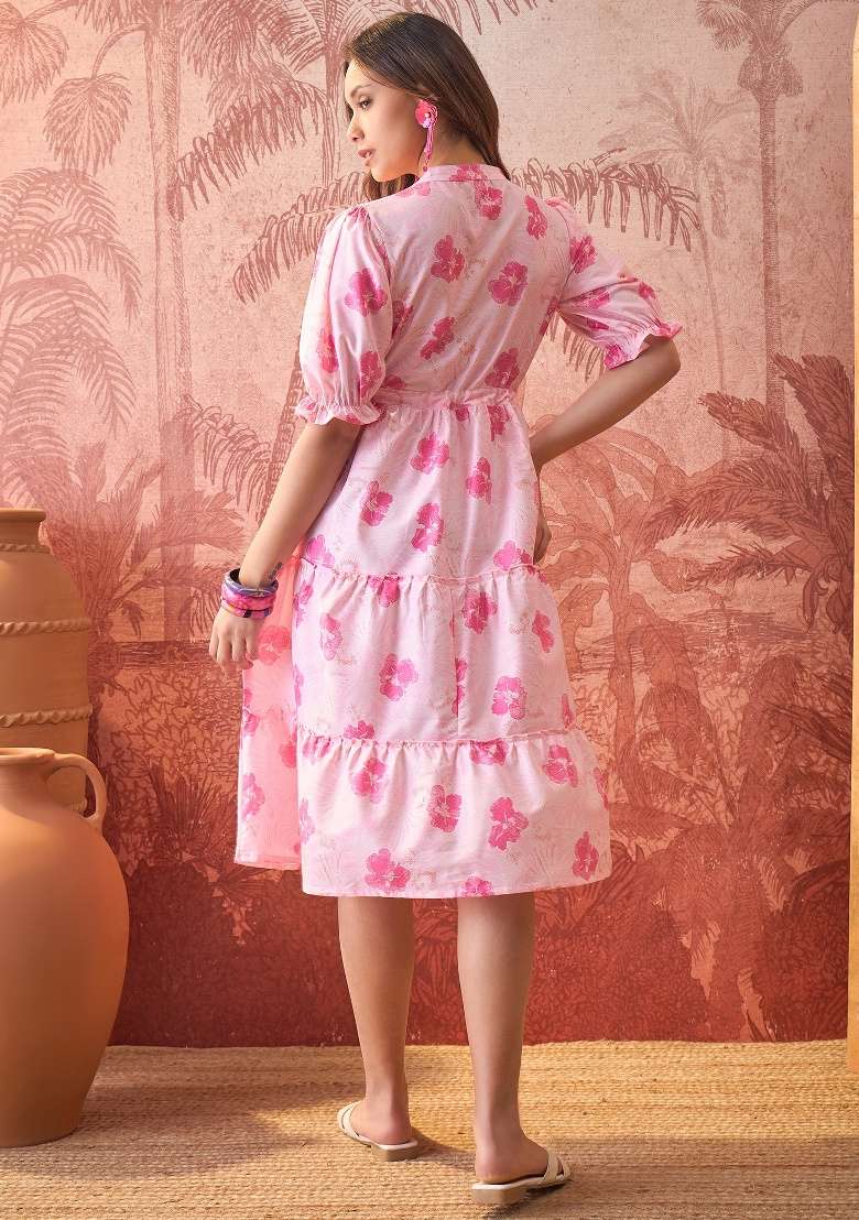Pink Floral Print Polyester Gown - Indya