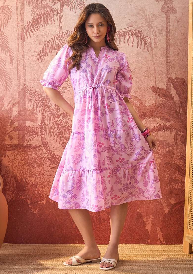 Purple Floral Print Polyester Kurta - Indya