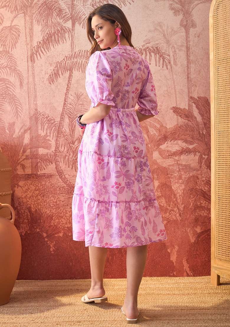 Purple Floral Print Polyester Kurta - Indya