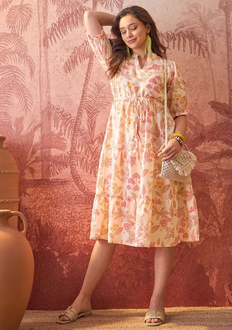 Orange Floral Print Polyester Kurta - Indya