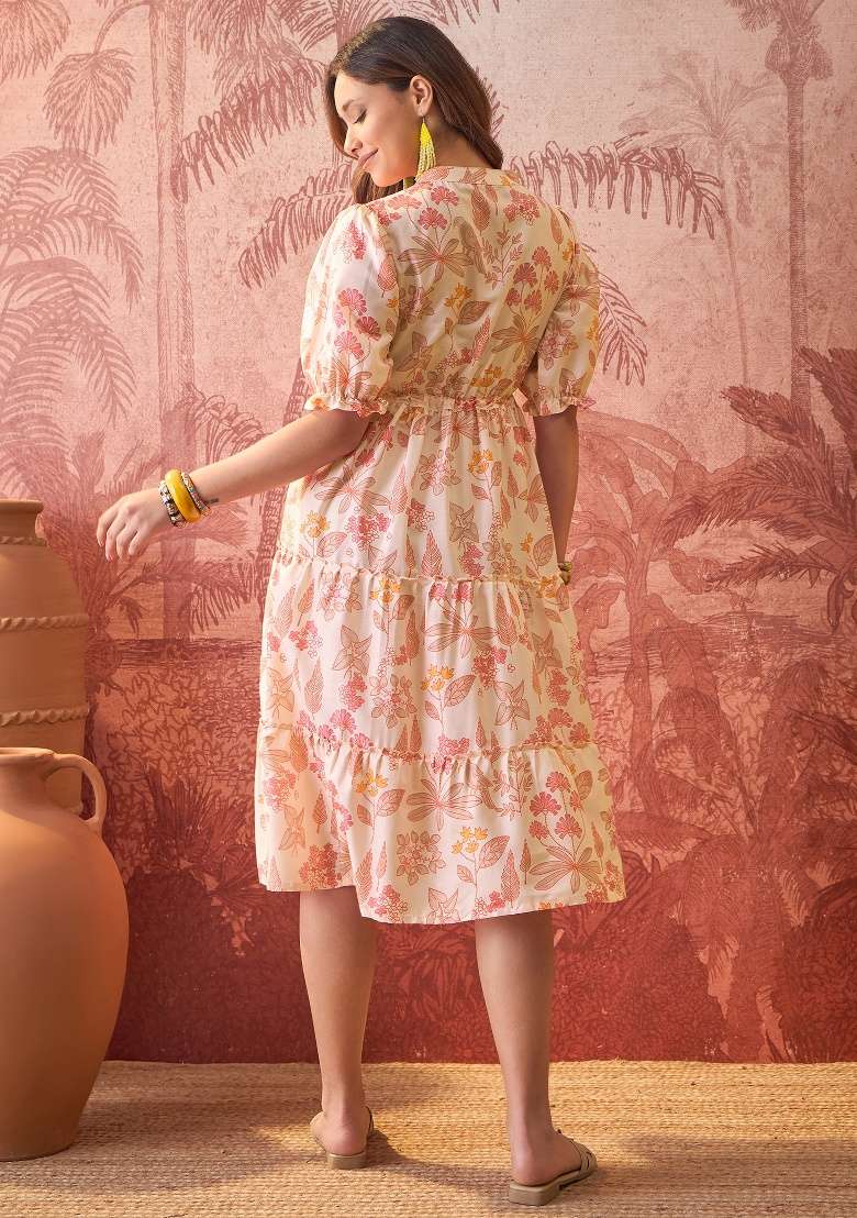 Orange Floral Print Polyester Kurta - Indya