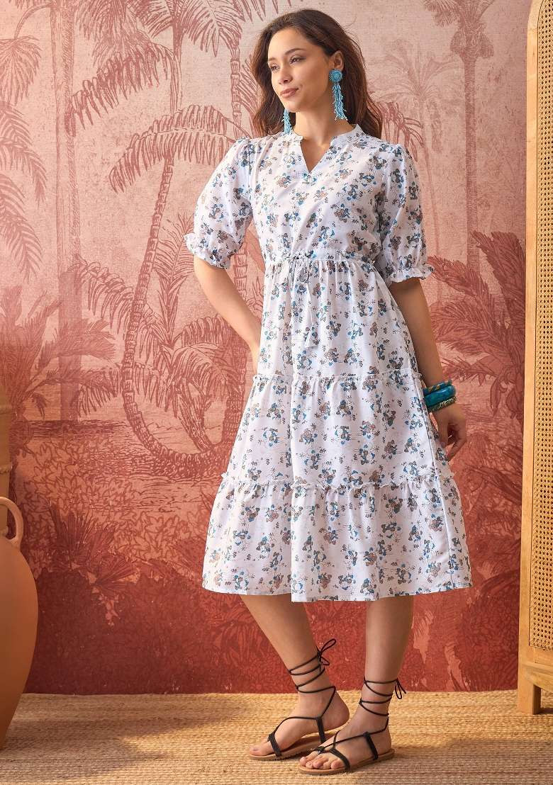 Off White Floral Print Polyester Kurta - Indya