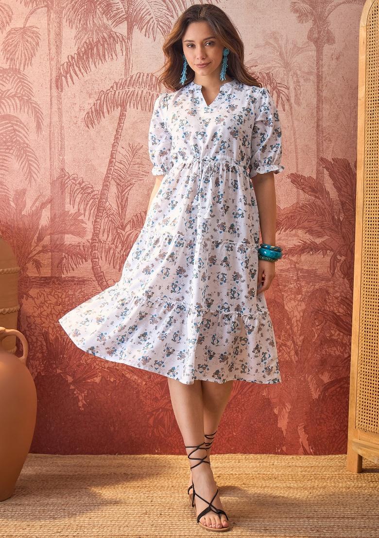 Off White Printed Polyester Tunic - Indya