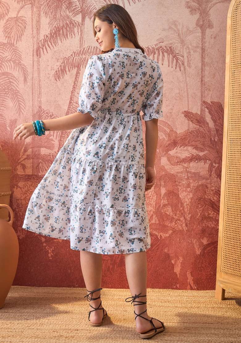 Off White Floral Print Polyester Kurta - Indya