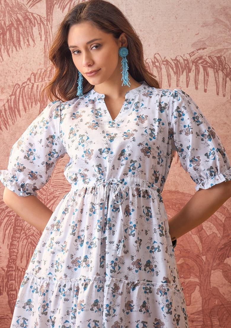 Off White Printed Polyester Tunic - Indya