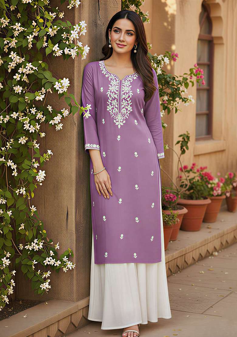 Purple Embroidery Silk Blend Kurta - Indya