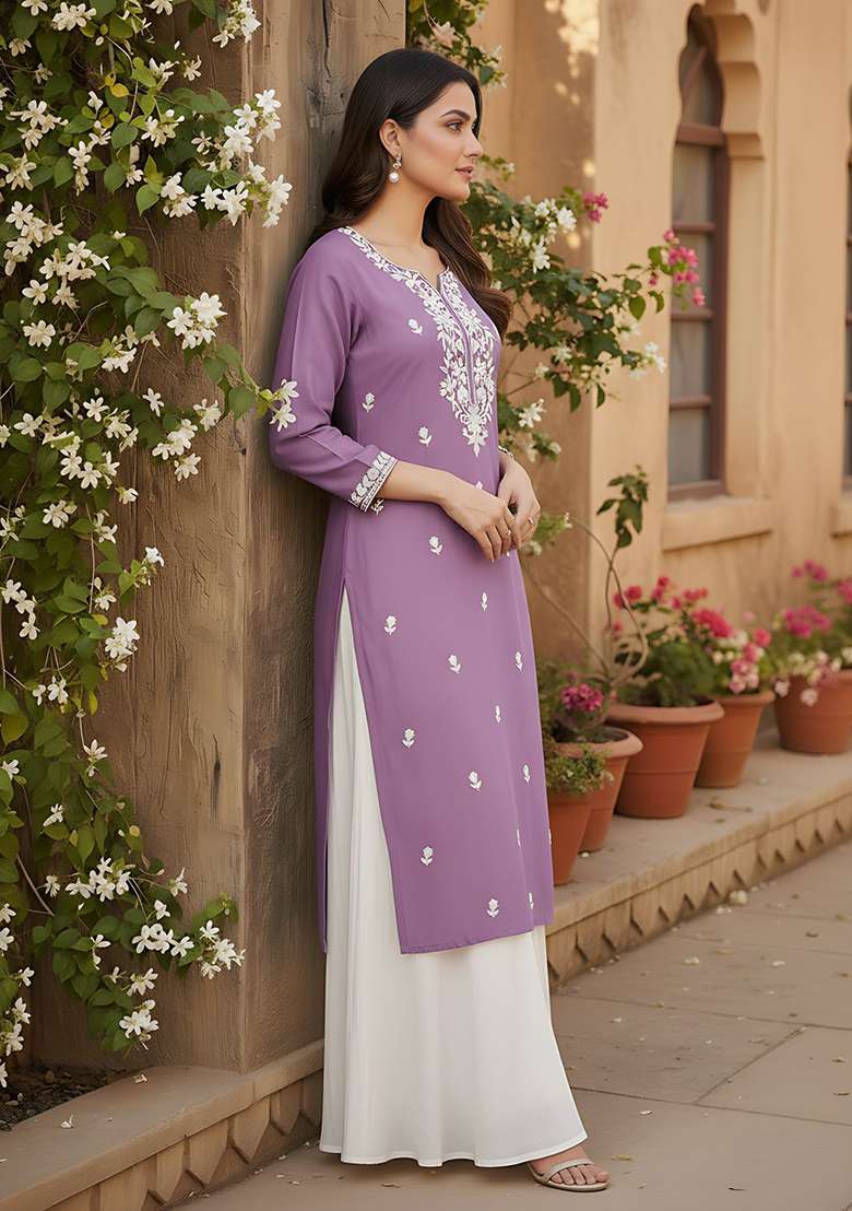 Purple Embroidery Silk Blend Kurta - Indya