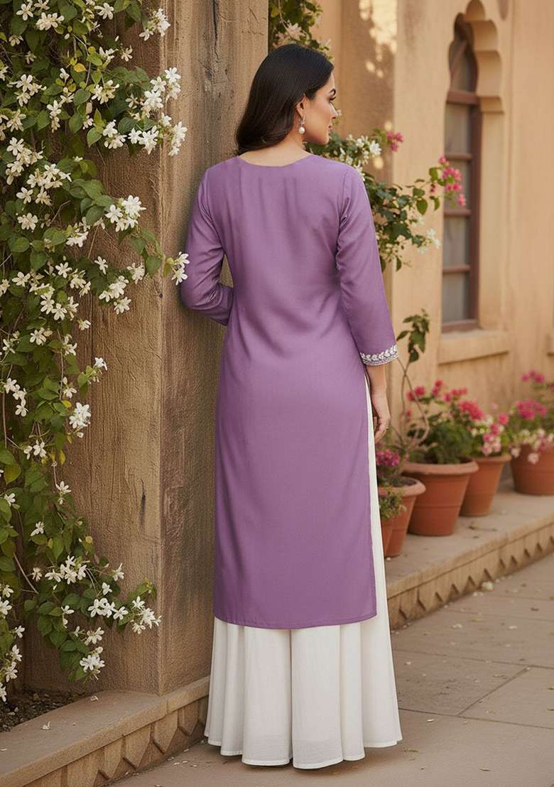 Purple Embroidery Silk Blend Kurta - Indya