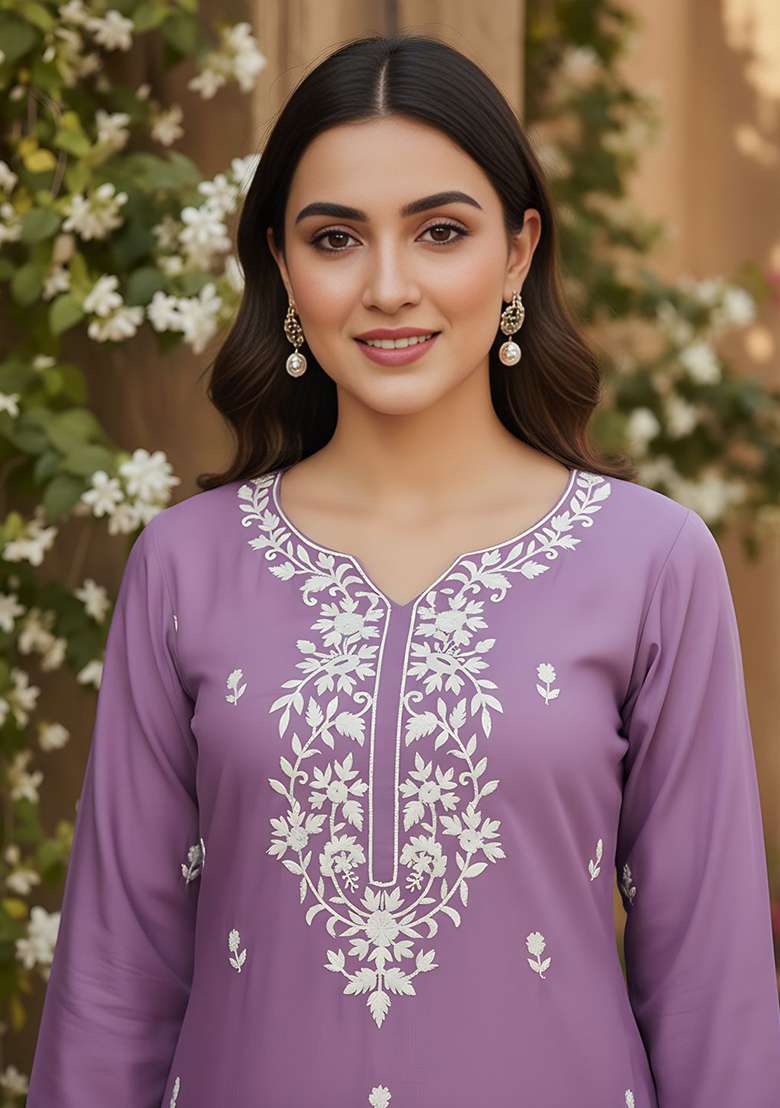 Purple Embroidery Silk Blend Kurta - Indya
