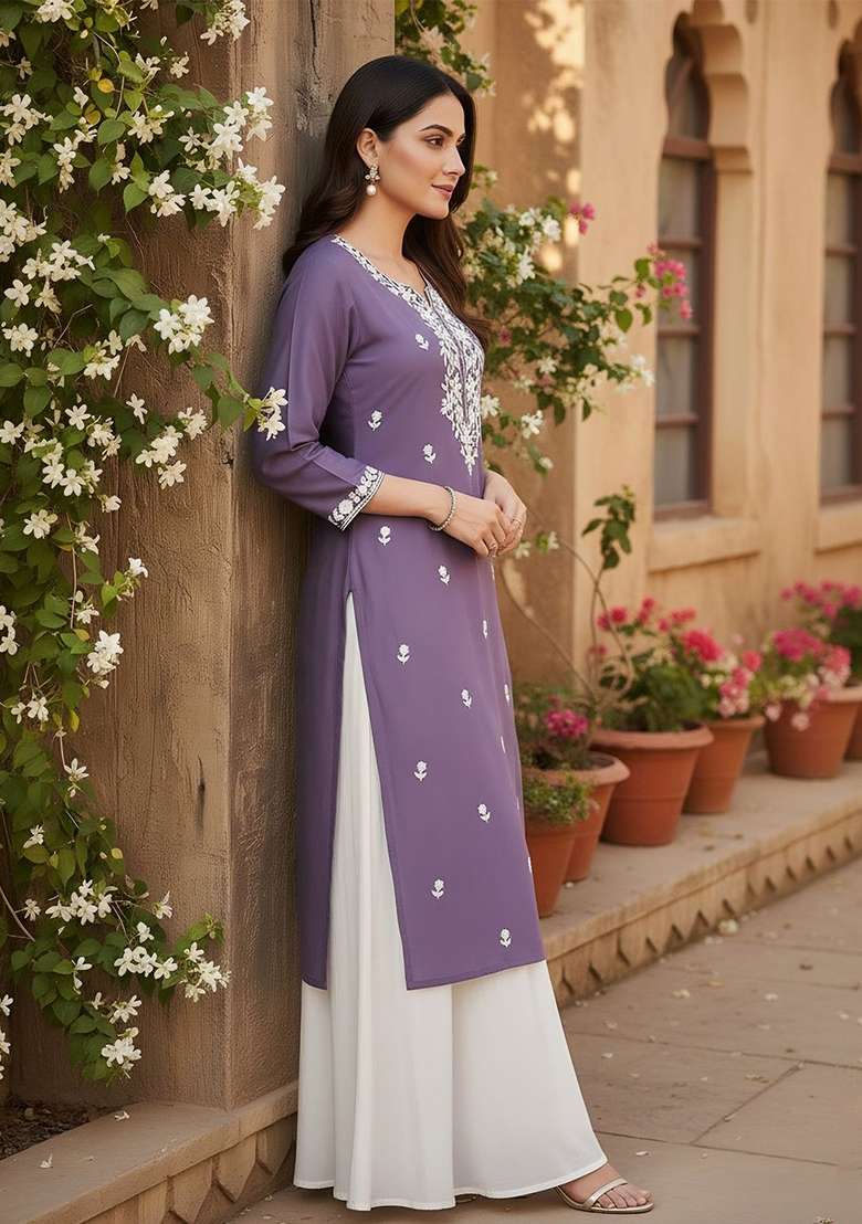 Purple Embroidery Silk Blend Kurta - Indya