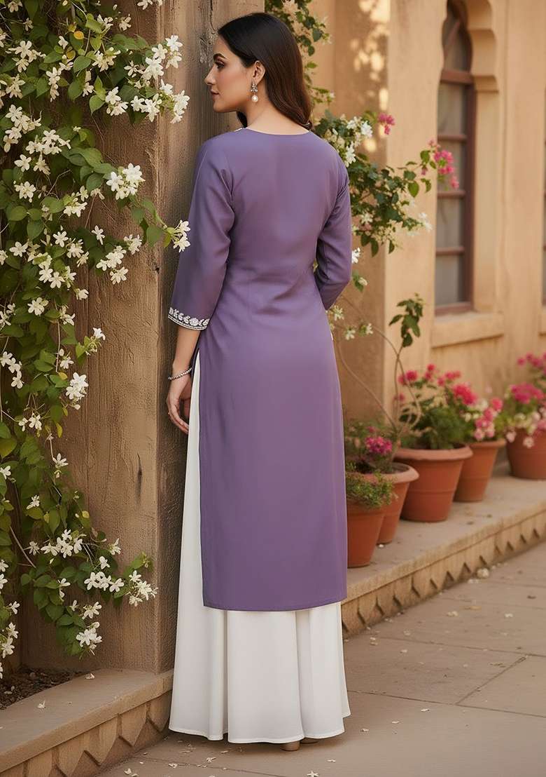 Purple Embroidery Silk Blend Kurta - Indya