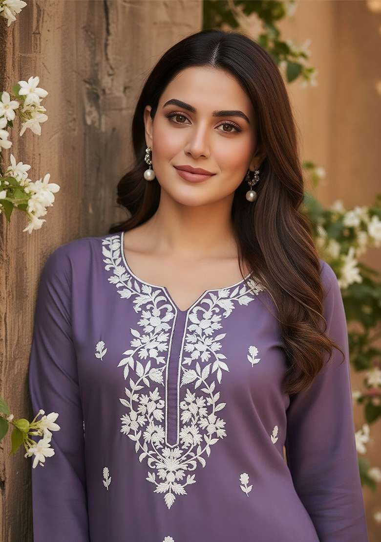 Purple Embroidery Silk Blend Kurta - Indya