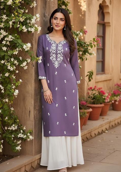 Purple Embroidery Silk Kurta