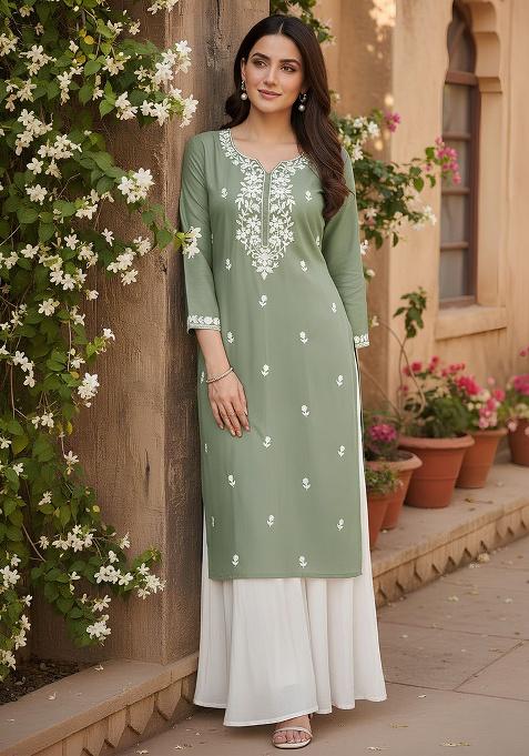 Green Embroidery Silk Kurta