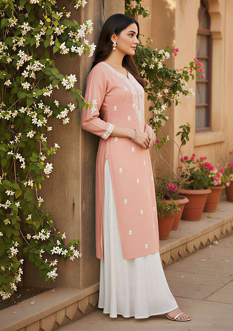 Pink Embroidery Silk Blend Kurta - Indya