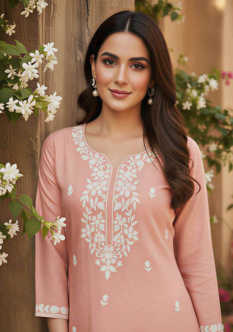 Pink Embroidery Silk Blend Kurta - Indya