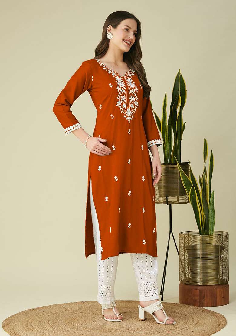 Orange Embroidery Silk Blend Kurta - Indya