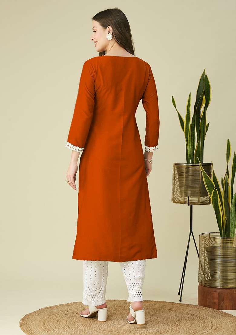 Orange Embroidery Silk Blend Kurta - Indya