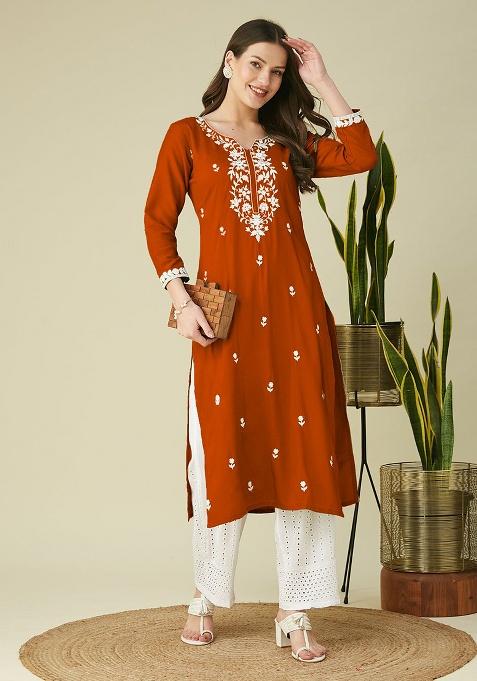 Orange Embroidery Silk Kurta