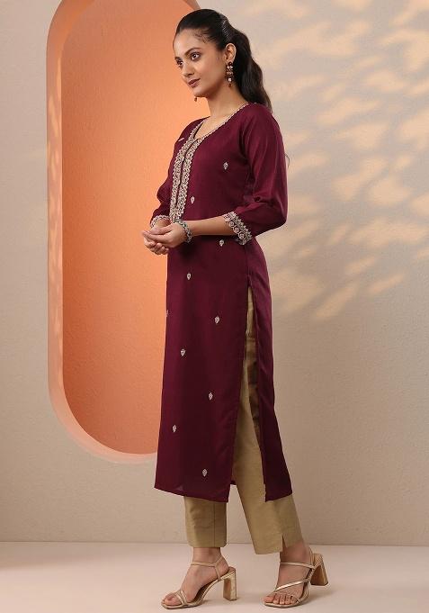 Maroon Embroidery Silk Kurta