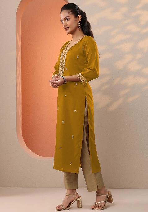 Yellow Embroidery Silk Kurta