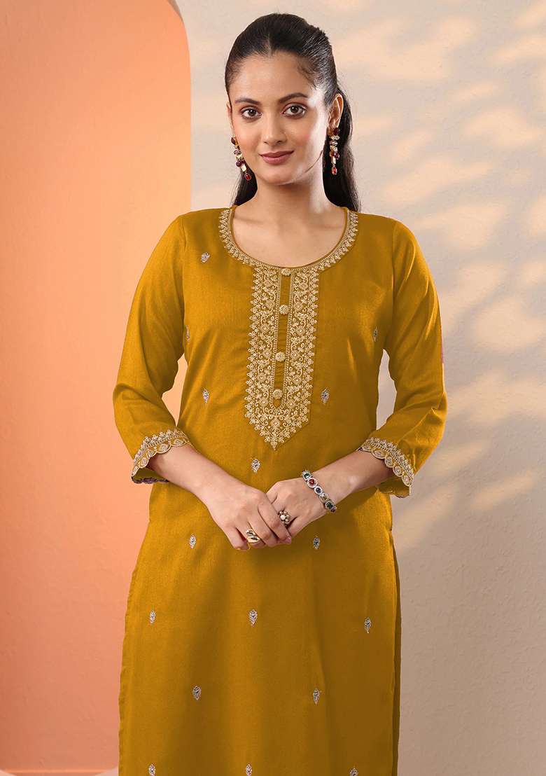Yellow Embroidery Silk Kurta - Indya