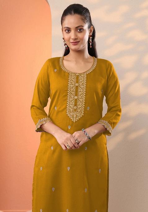 Yellow Embroidery Silk Kurta