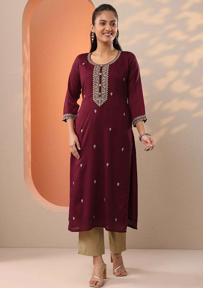 Maroon Embroidery Silk Blend Kurta - Indya
