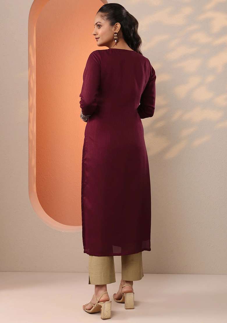Maroon Embroidery Silk Blend Kurta - Indya