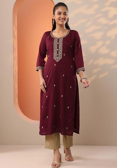 Maroon Embroidery Silk Kurta