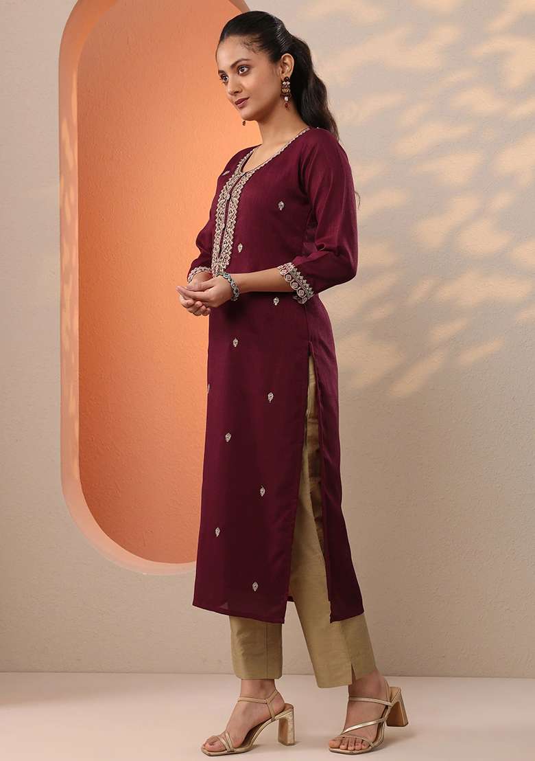 Maroon Embroidery Silk Blend Kurta - Indya