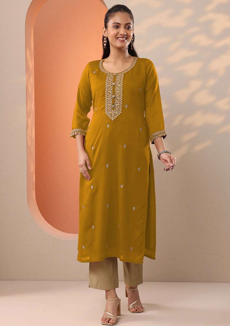 Yellow Embroidery Silk Kurta - Indya