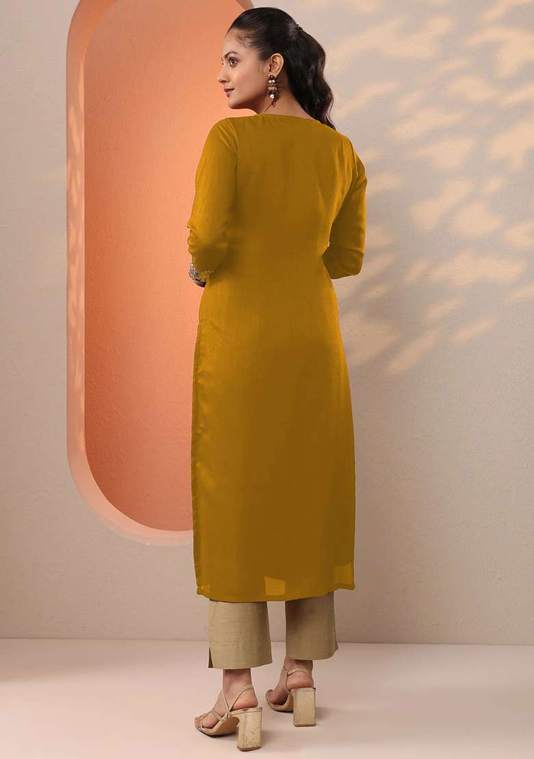 Yellow Embroidery Silk Kurta - Indya