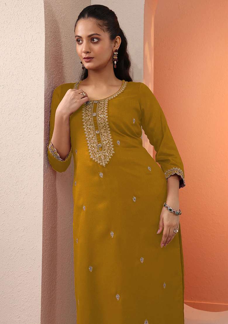 Yellow Embroidery Silk Kurta - Indya