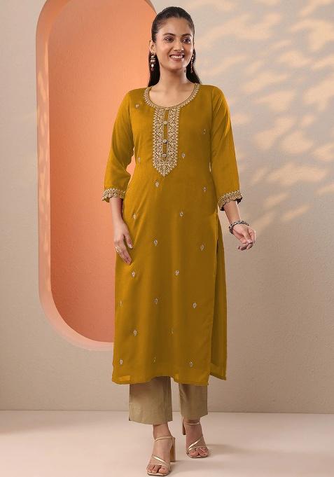 Yellow Embroidery Silk Kurta
