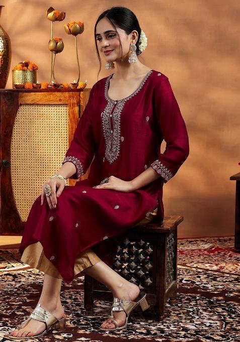 Maroon Embroidery Silk Kurta