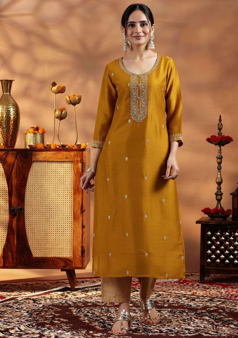 Yellow Embroidery Silk Kurta - Indya