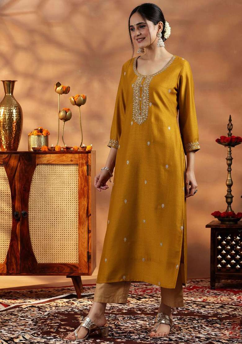 Yellow Embroidery Silk Kurta - Indya