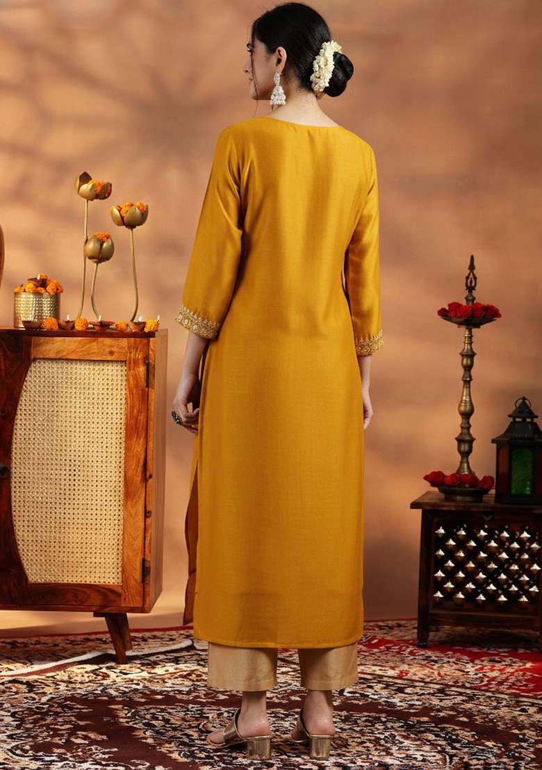 Yellow Embroidery Silk Kurta - Indya
