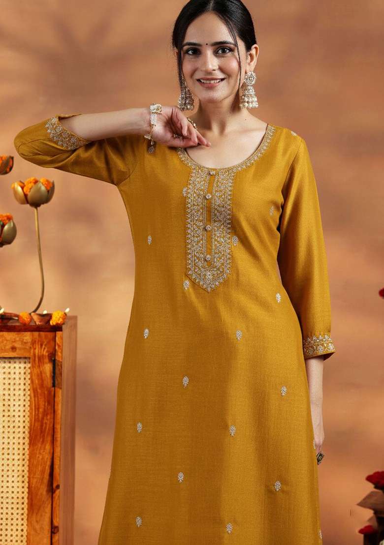 Yellow Embroidery Silk Kurta - Indya