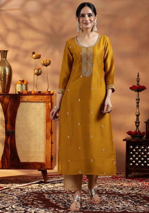 Yellow Embroidery Silk Kurta