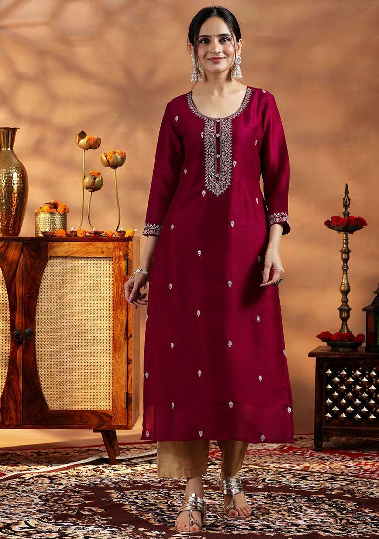 Maroon Embroidery Silk Kurta - Indya