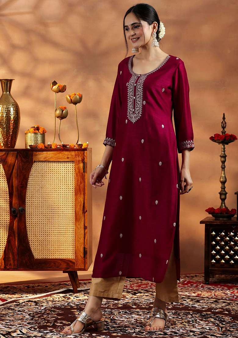 Maroon Embroidery Silk Kurta - Indya