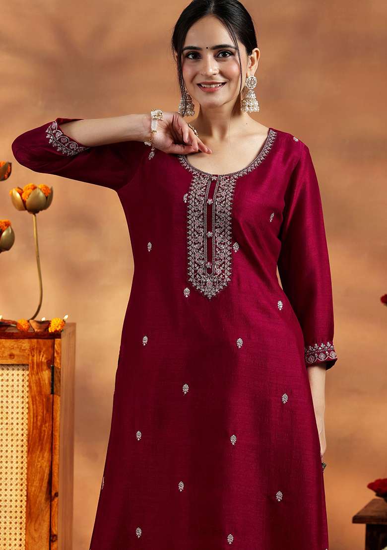 Maroon Embroidery Silk Kurta - Indya