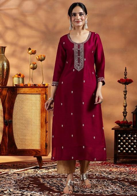 Maroon Embroidery Silk Kurta
