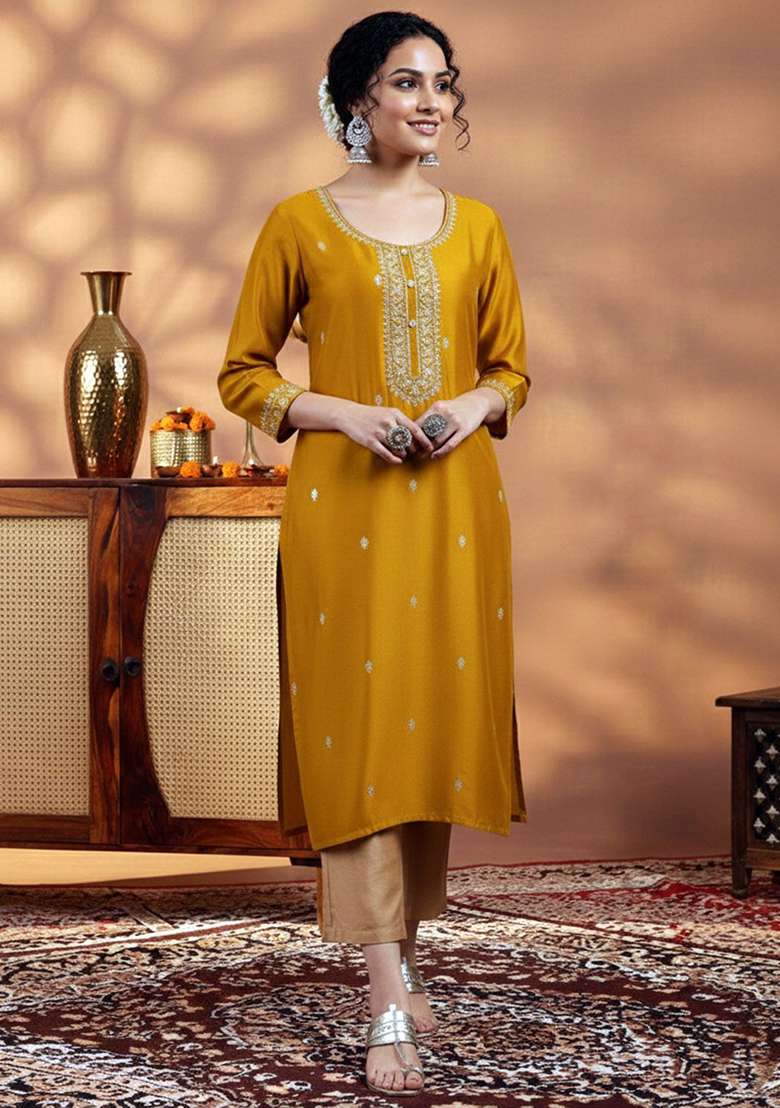 Yellow Embroidery Silk Kurta - Indya