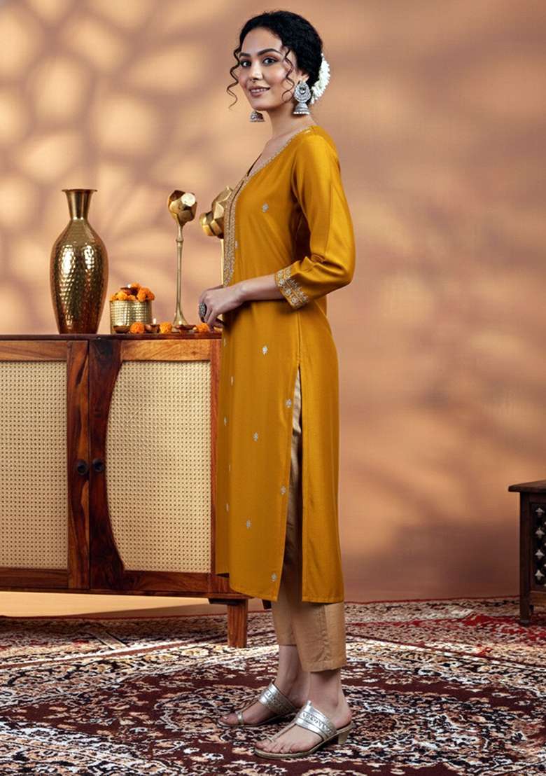 Yellow Embroidery Silk Kurta - Indya