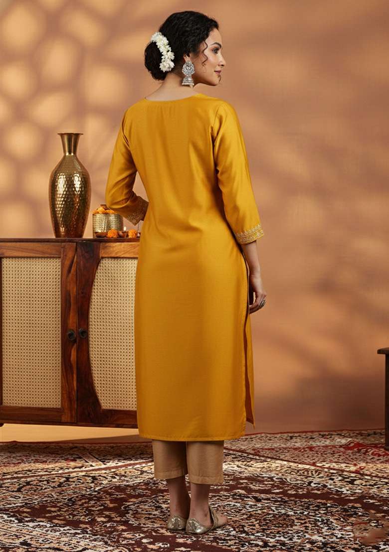 Yellow Embroidery Silk Kurta - Indya